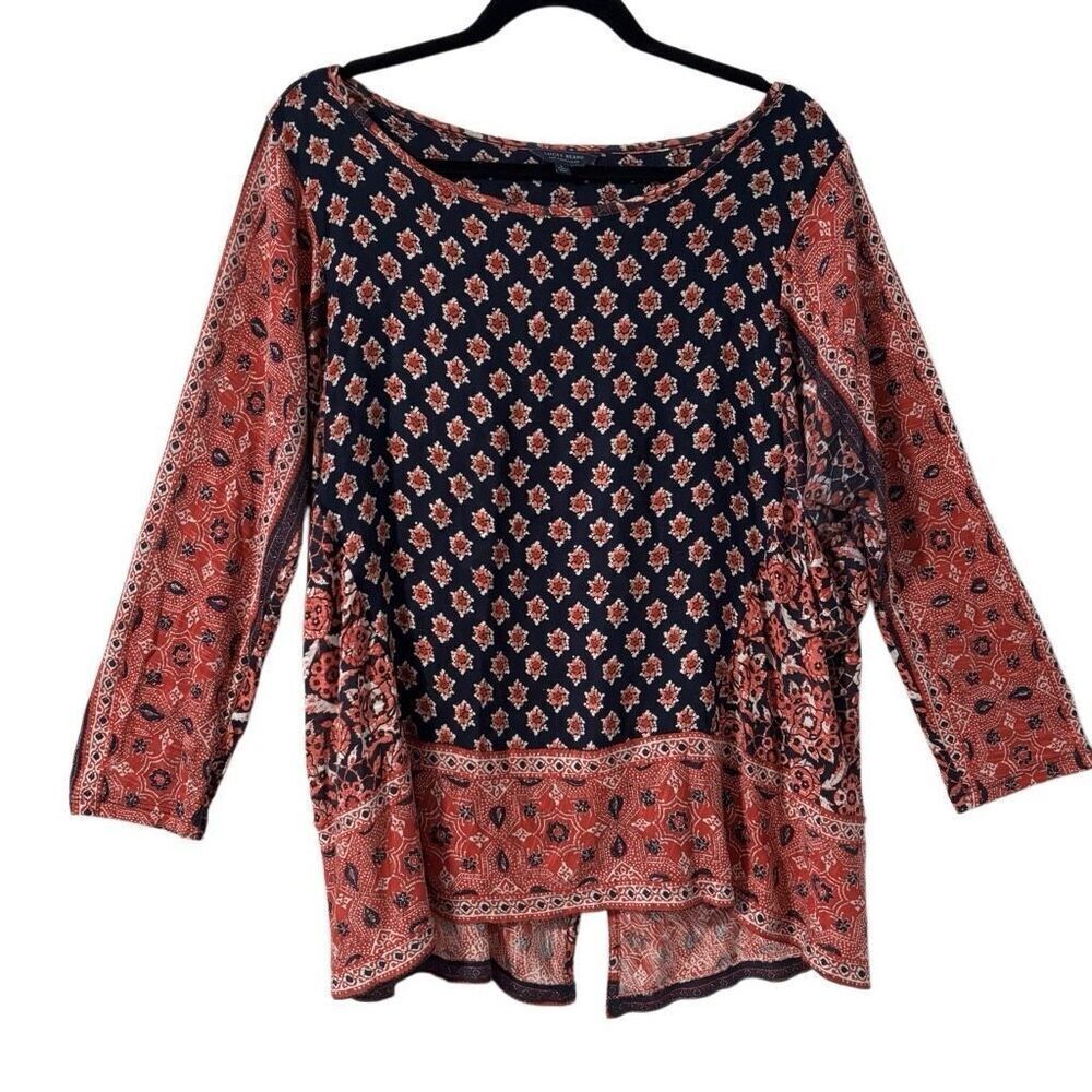 Lucky Brand L boho print wide boat neck soft rayon knit back vent top